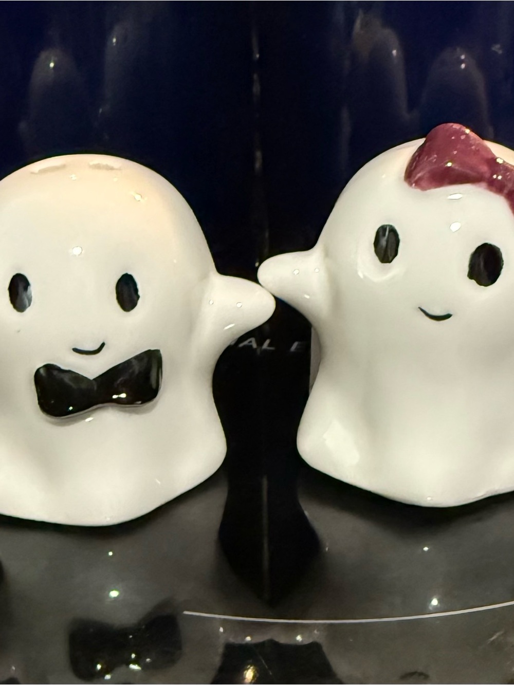 Cracker Barrel White Ghost Salt and Pepper Shakers with Black and Pink Accents